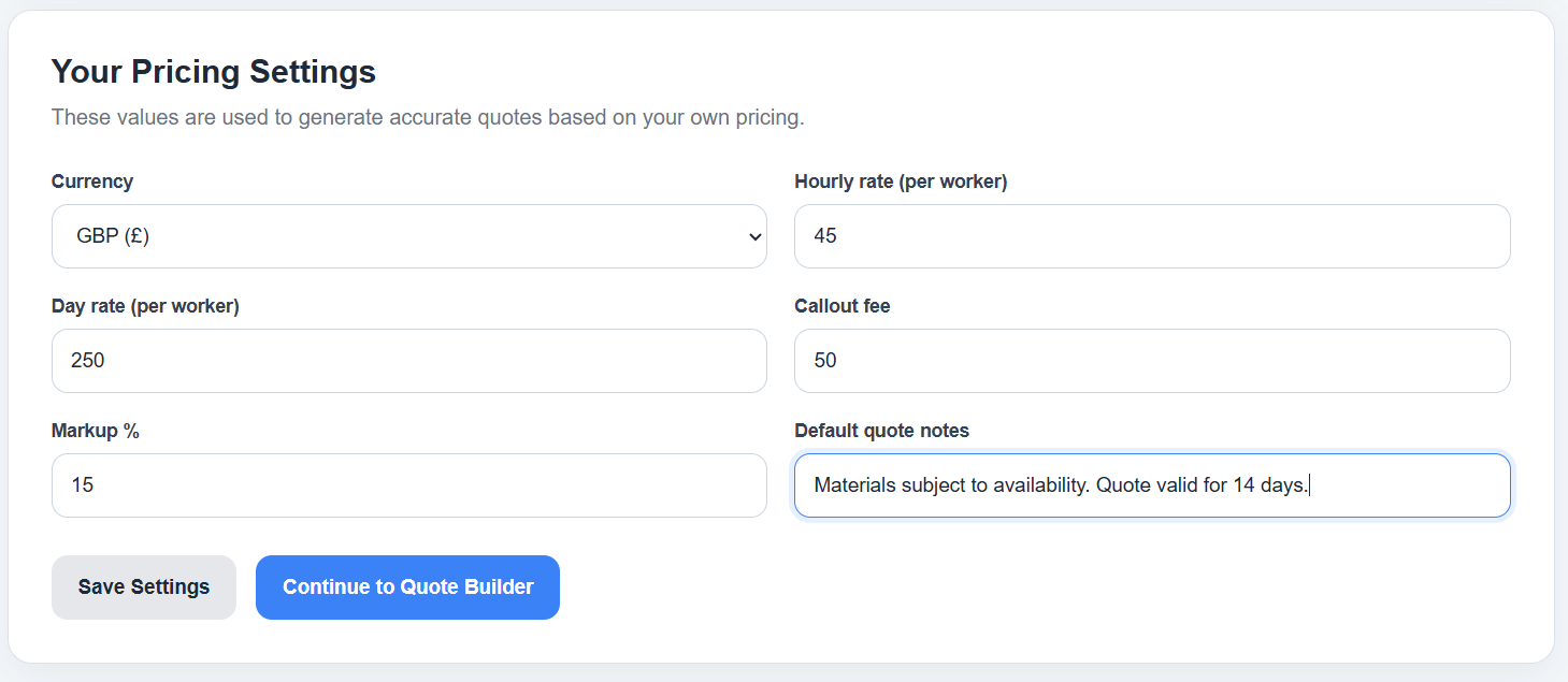 Pricing setup screen